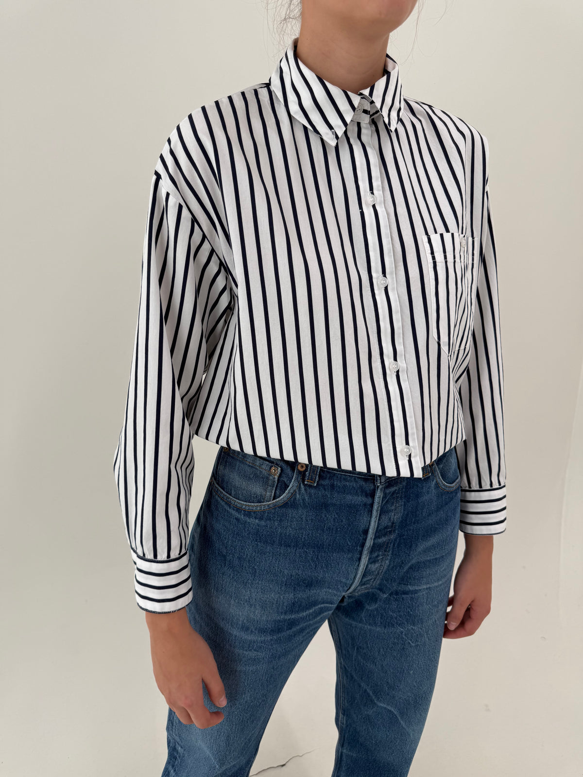 Cămașa in croi oversized în dungi Navy din poplin de bumbac