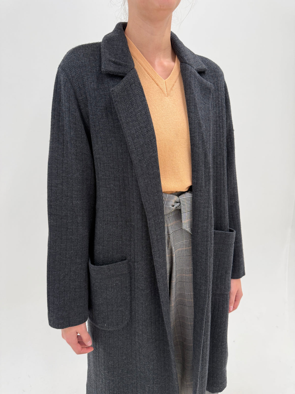 Cardigan tip pardesiu lung italian cu buzunare din lana extrafina charcoal gray