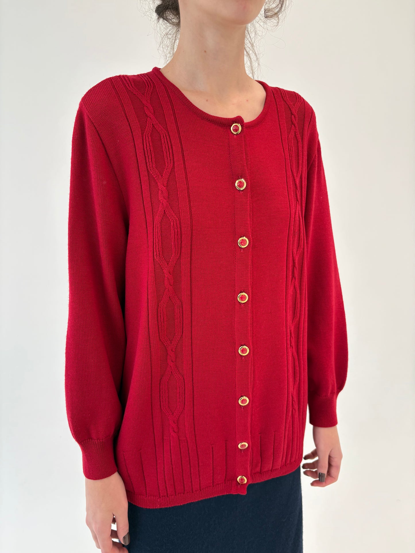 Cardigan cherry red italian de gramaj mare din lana merino extrafina