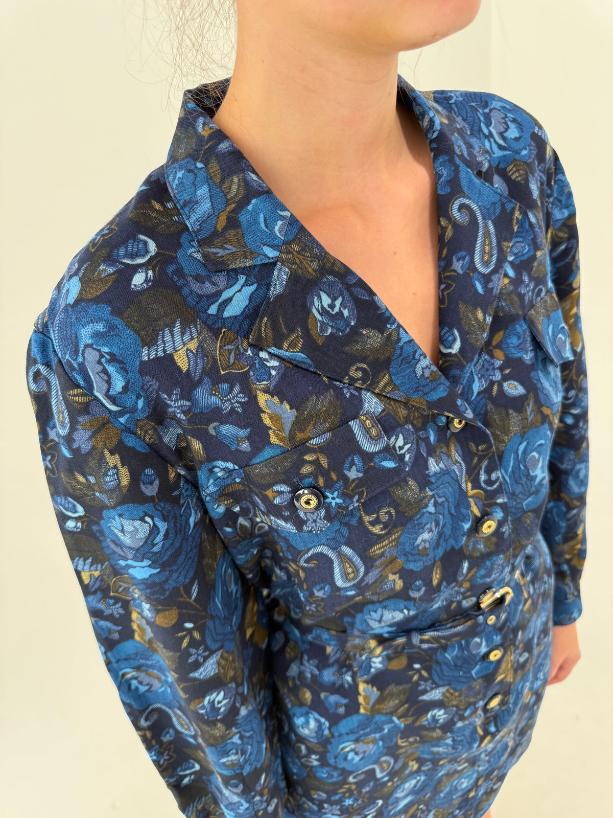 Rochie din lana extrafina cu print floral și talie marcată cu curea proprie