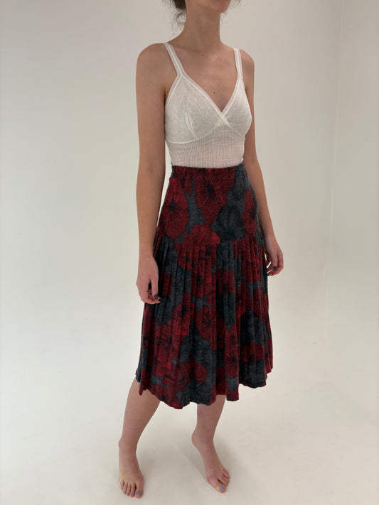 Fustă vintage plisată din tricot de lana extrafina cu print floral dark red