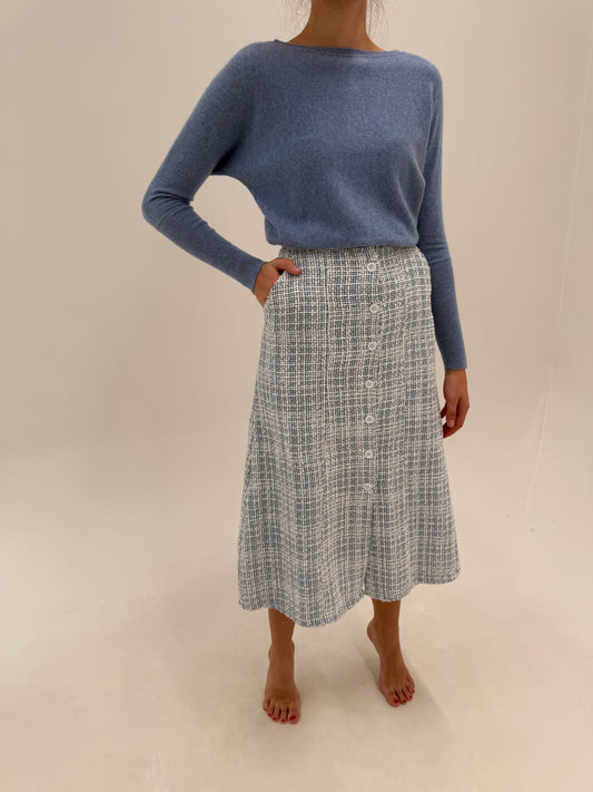 Fustă din tweed baby blue cu talie ultra înaltă midi spre maxi
