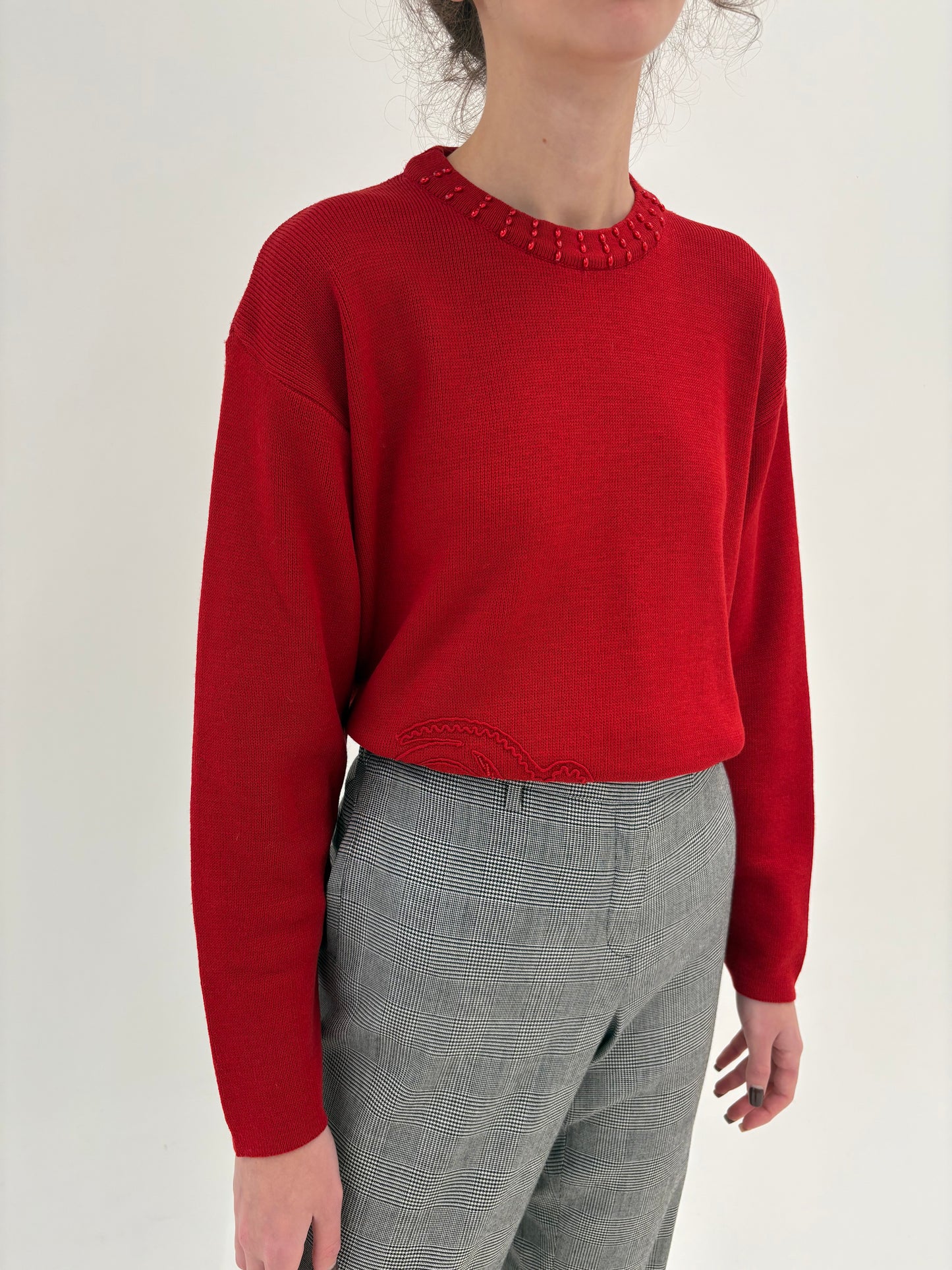 Pulover vinatge italian cherry red din lana merino extrafina de gramaj mare