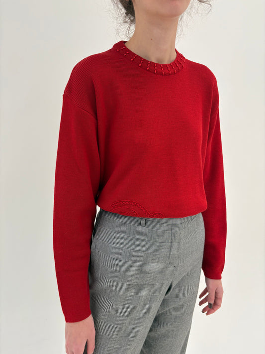 Pulover vinatge italian cherry red din lana merino extrafina de gramaj mare