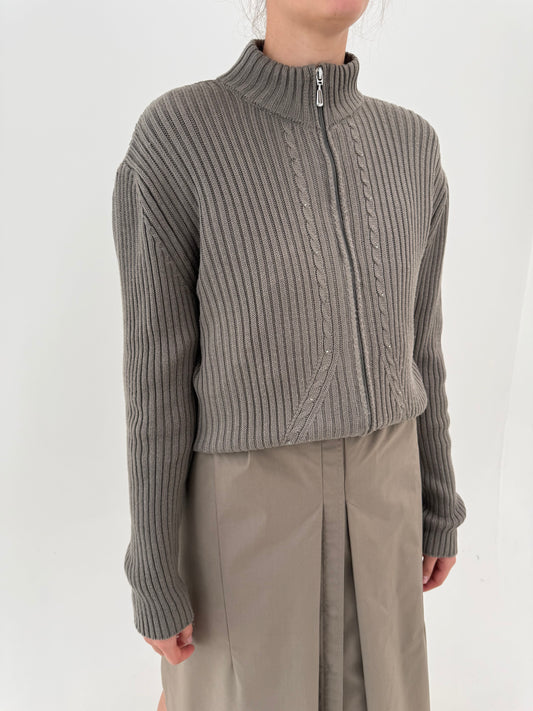 Cardigan full zip ribbed light taupe din lana merino extrafina plină