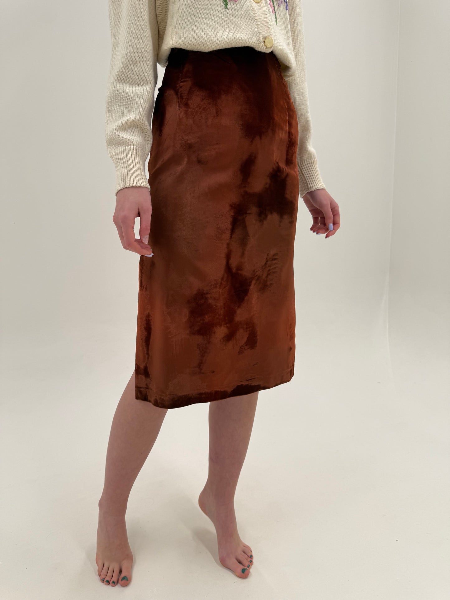 Fustă vintage din catifea caramel brown excepțională midi lung