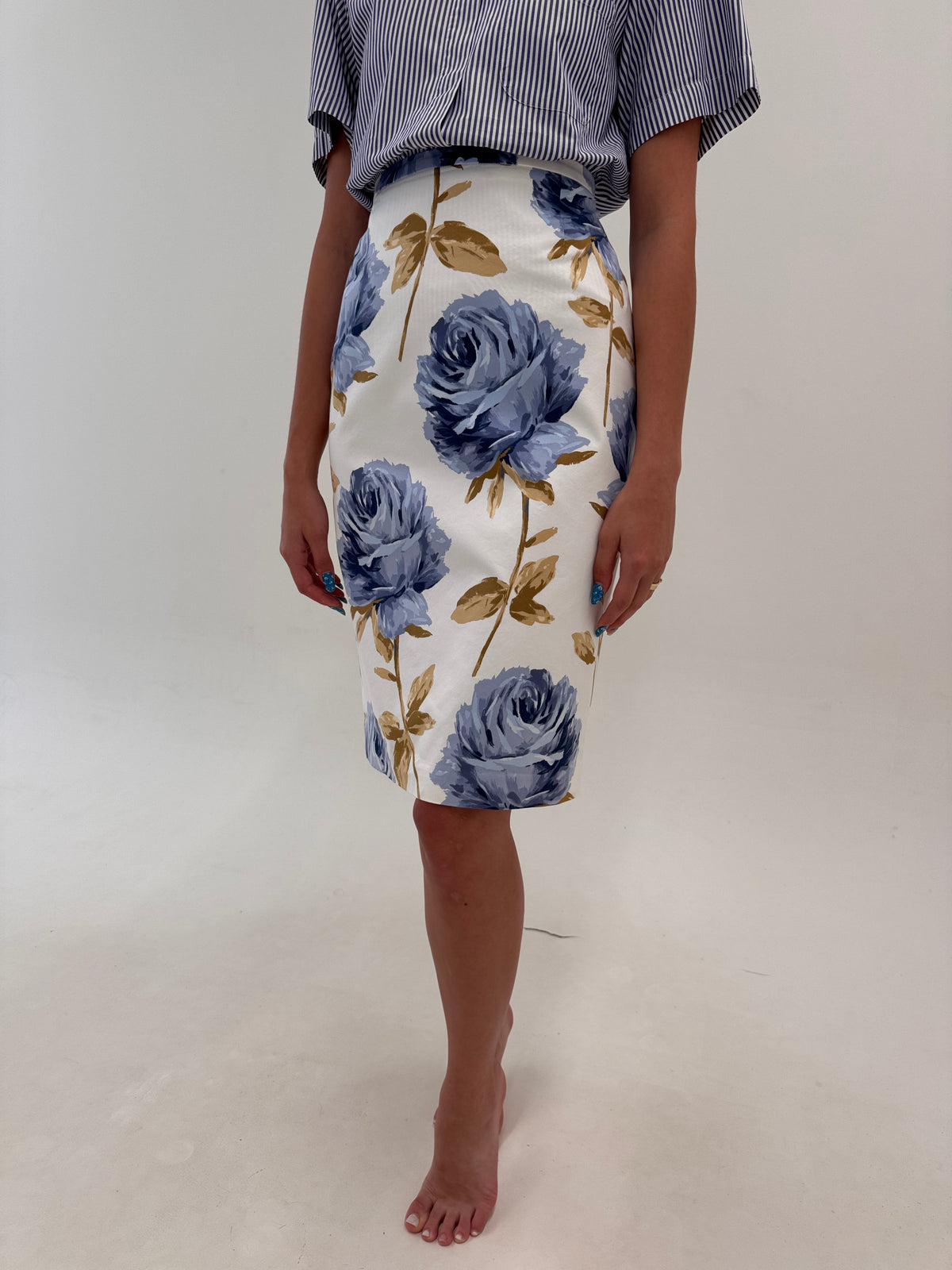 Fustă creion Hugo Boss cu print superb din bumbac și cupro modelator