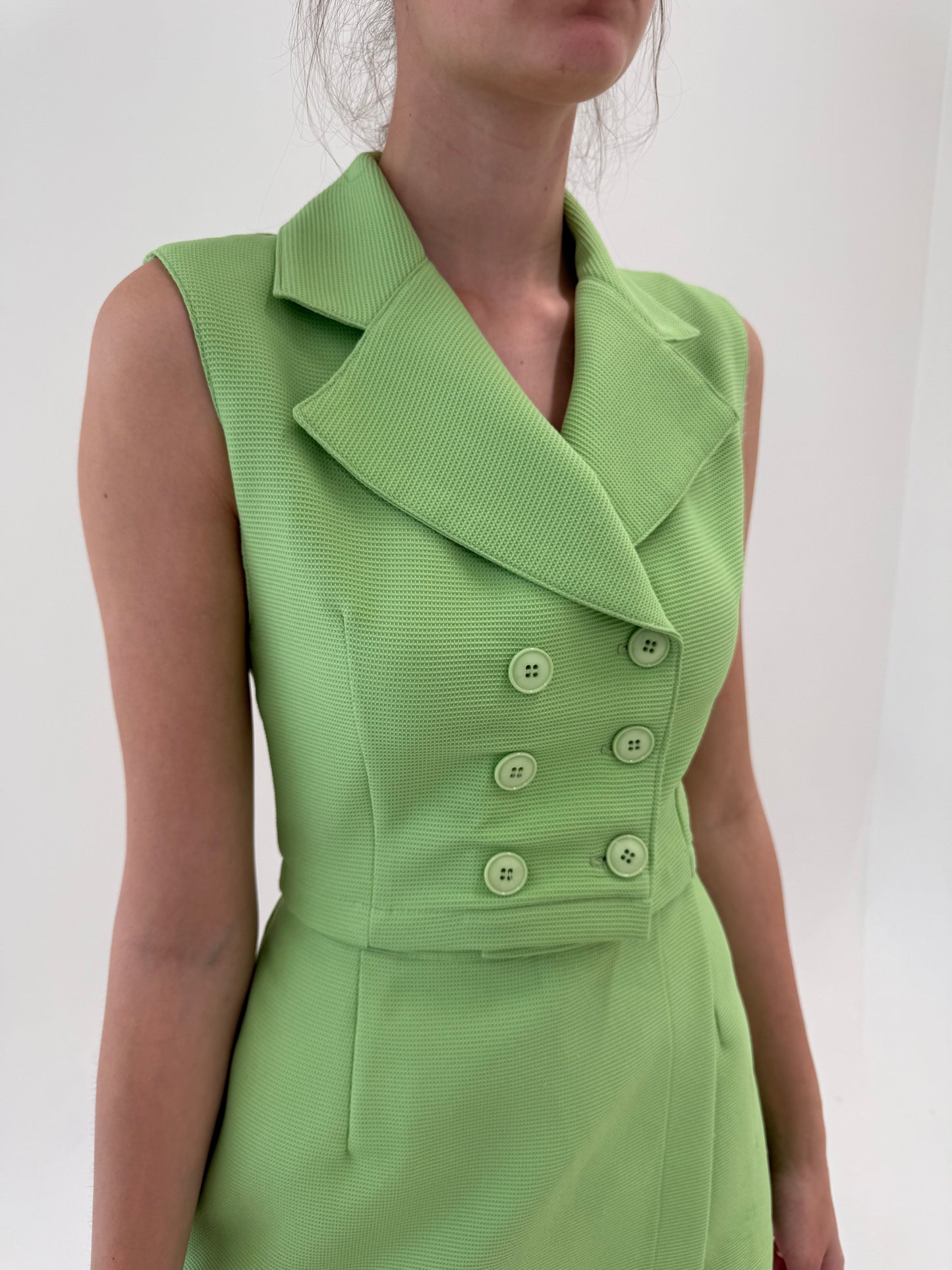 Set vintage din twill verde crud cu top cambrat și fustă pantaloni mini