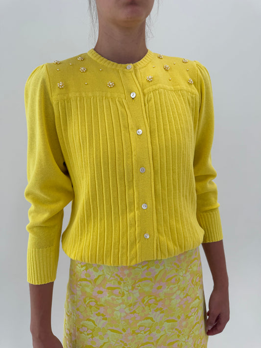 Cardigan vintage italian petite cu aplicații manuale perlute din bumbac premium