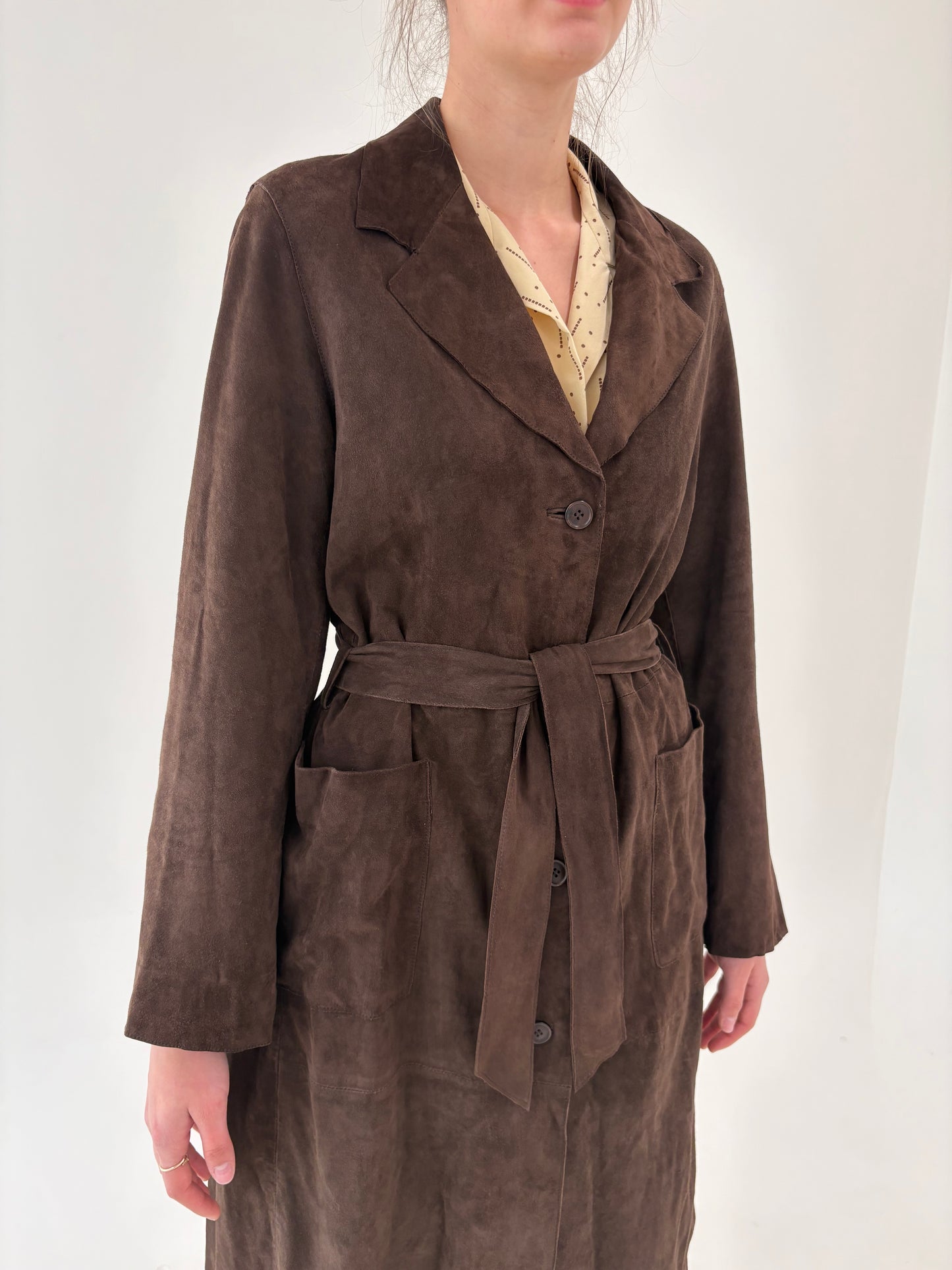 Trench chocolate brown tall din cel mai fin suede subțire cu talie reglabilă