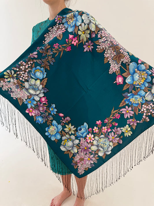 Eșarfă XXL din mătase naturală dark emerald green cu print floral