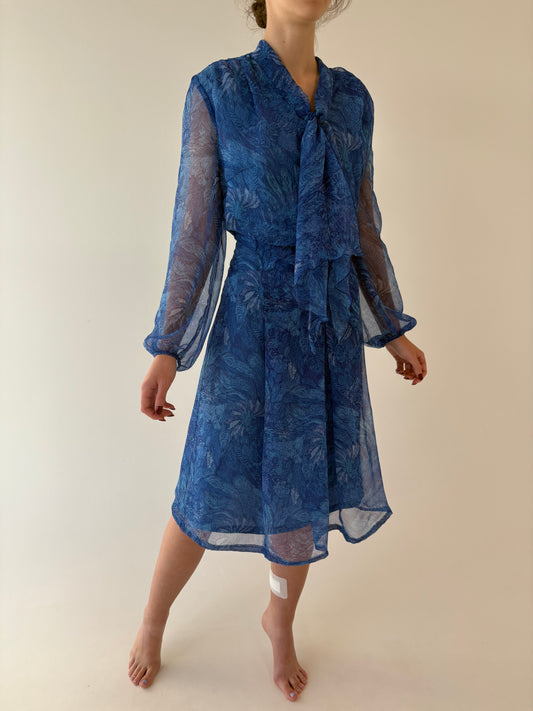 Rochie old vintage anii 70 tie neck în nuanțe superbe de albastru