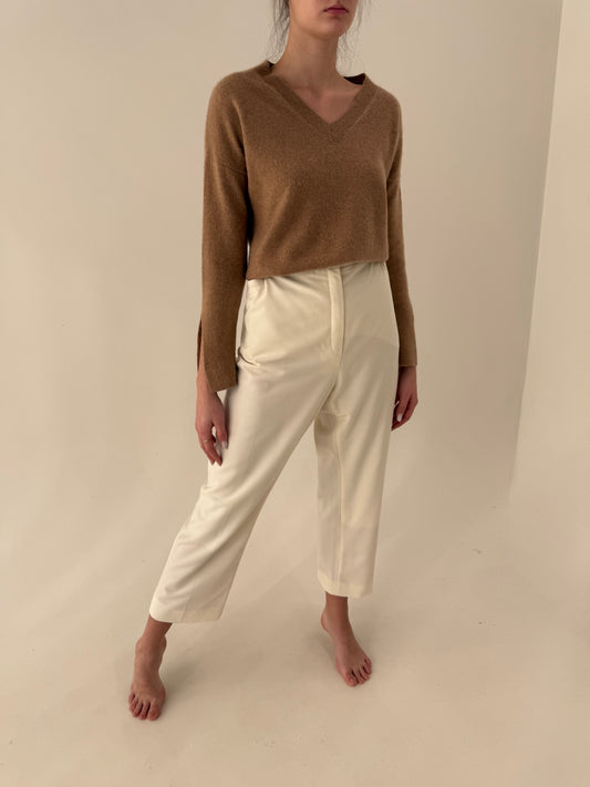 Pantaloni butter white cu talie înaltă din lanita foarte subțire de primăvară