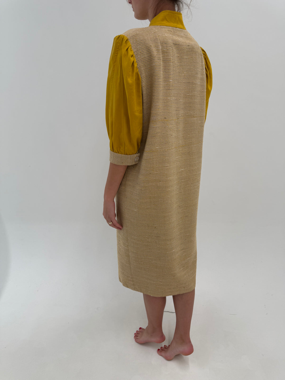 Rochie vintage din tweed camel de lana cu mâneci din bumbac și buzunare