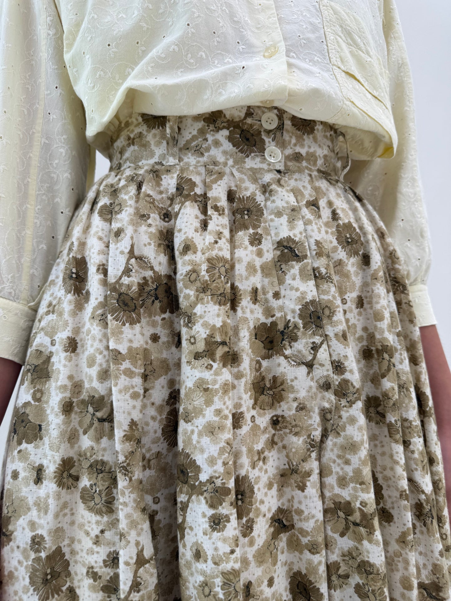 Fustă vintage maxi ultra amplă ivorie cu print floral delicat interior și exterior din in