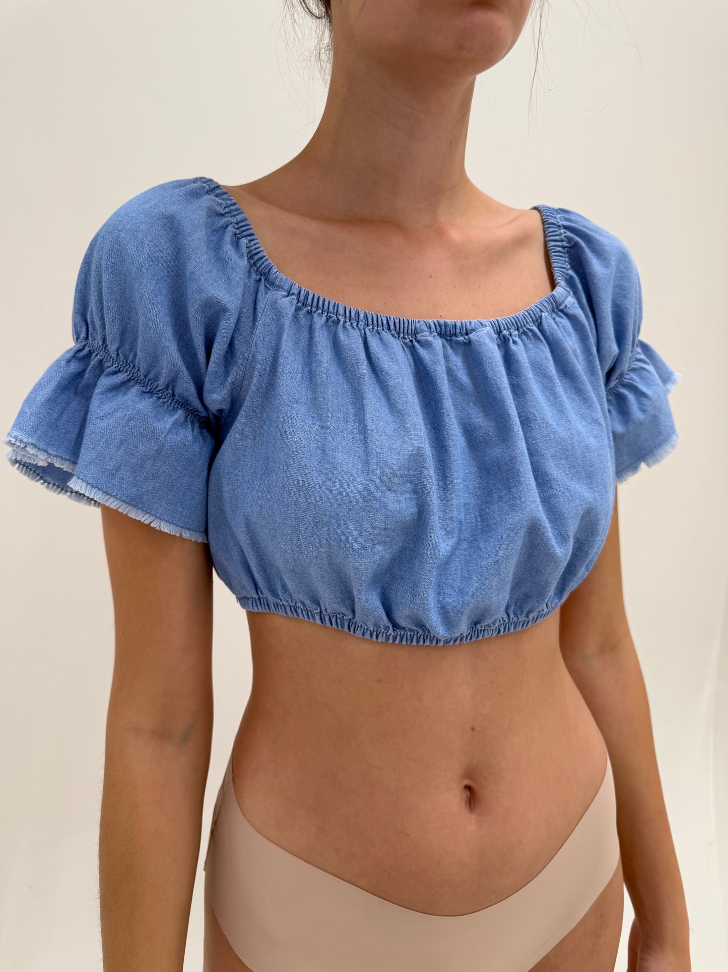Set baby blue din pânză de bumbac cu pantaloni cu talie înaltă extrem de înaltă