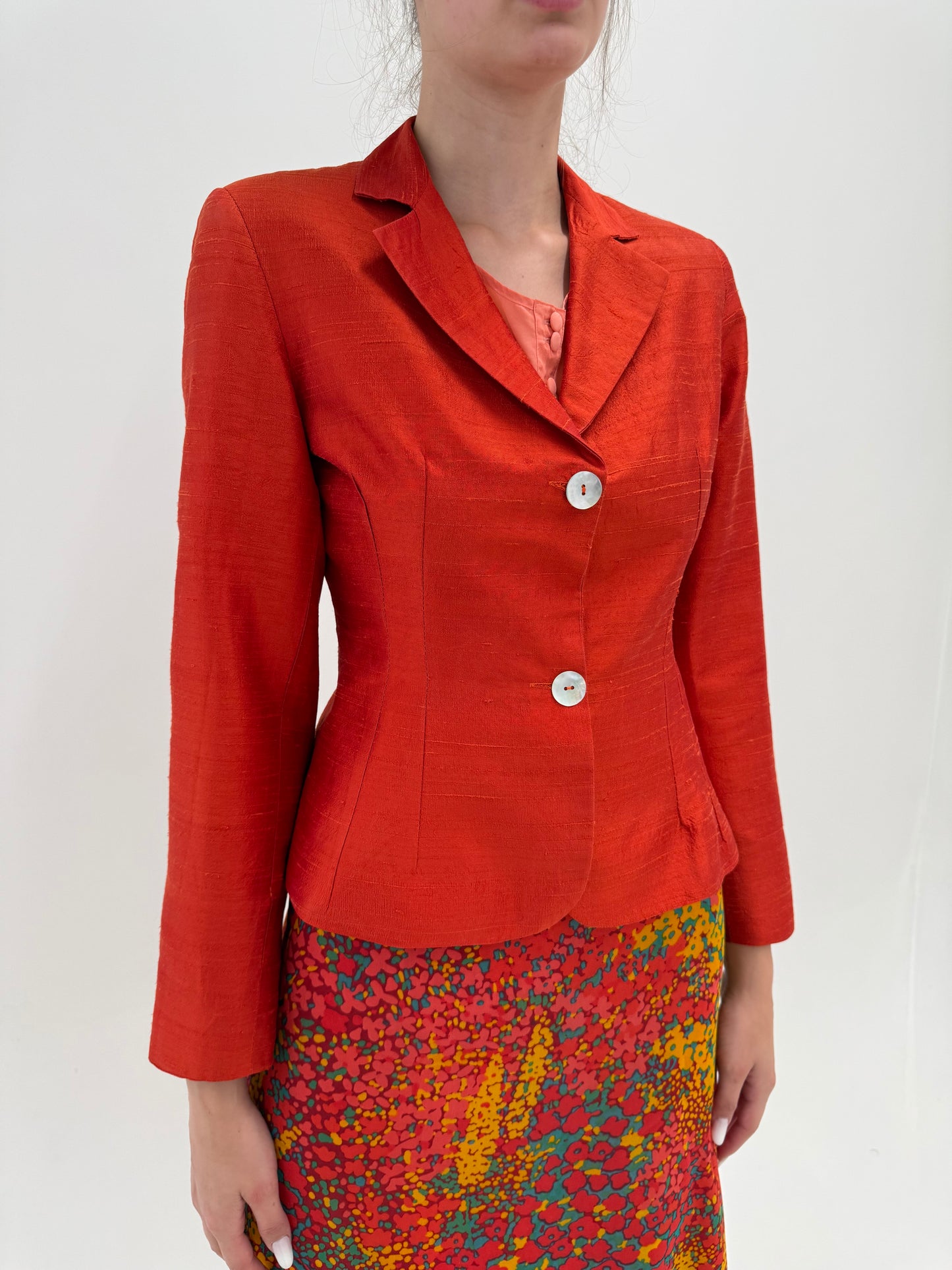 Sacou din mătase naturală dupioni ultra cambrat in stil Bar Jacket oranj superb