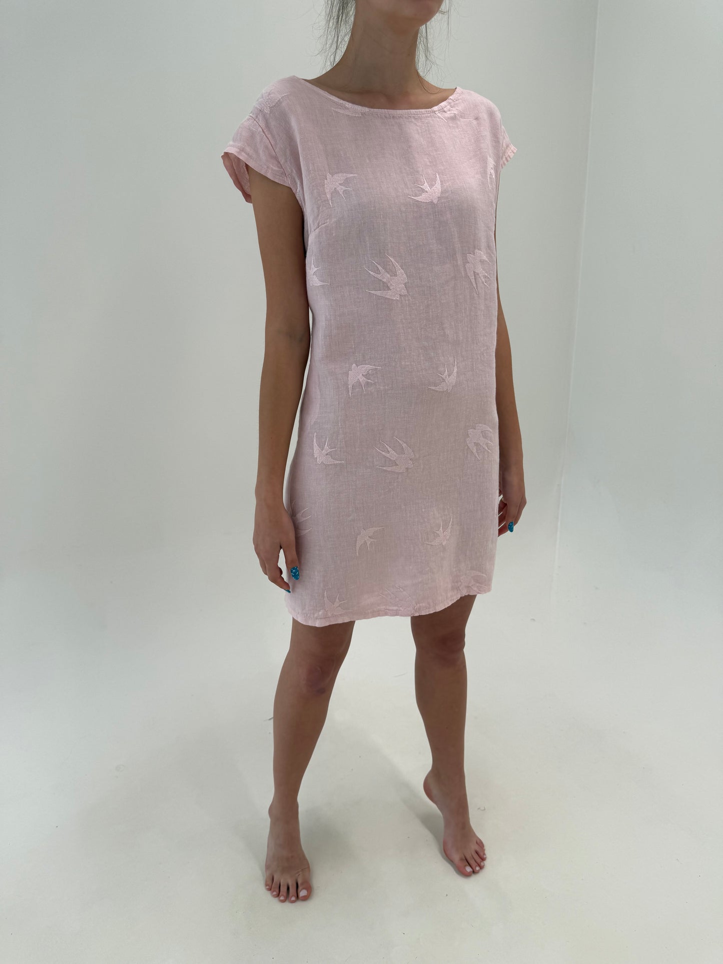 Rochie ultra confort italiană roz pudrat din in premium cu buzunare