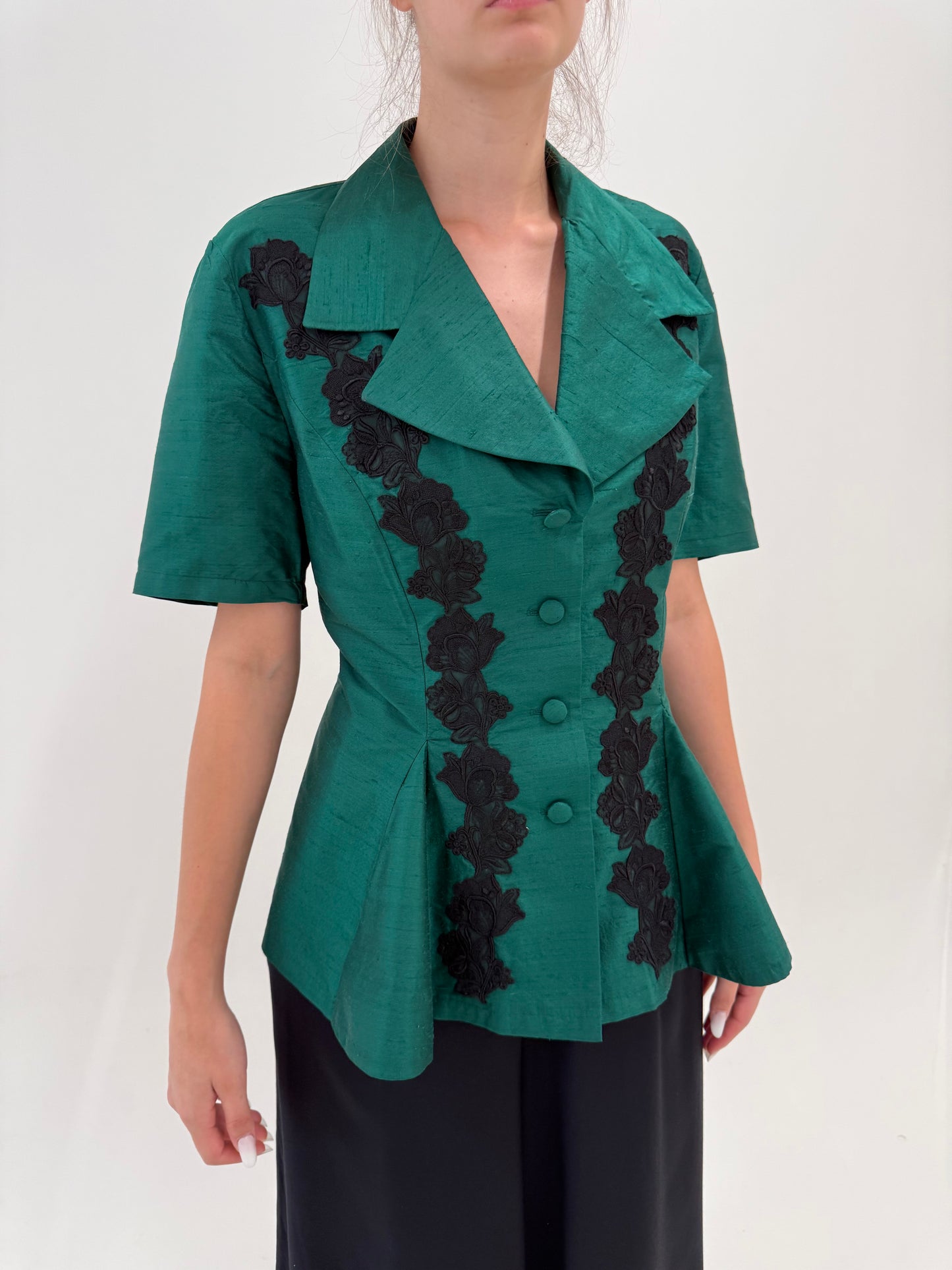 Sacou tip corsaj / cămașă cambrata din mătase naturală dupioni emerald green