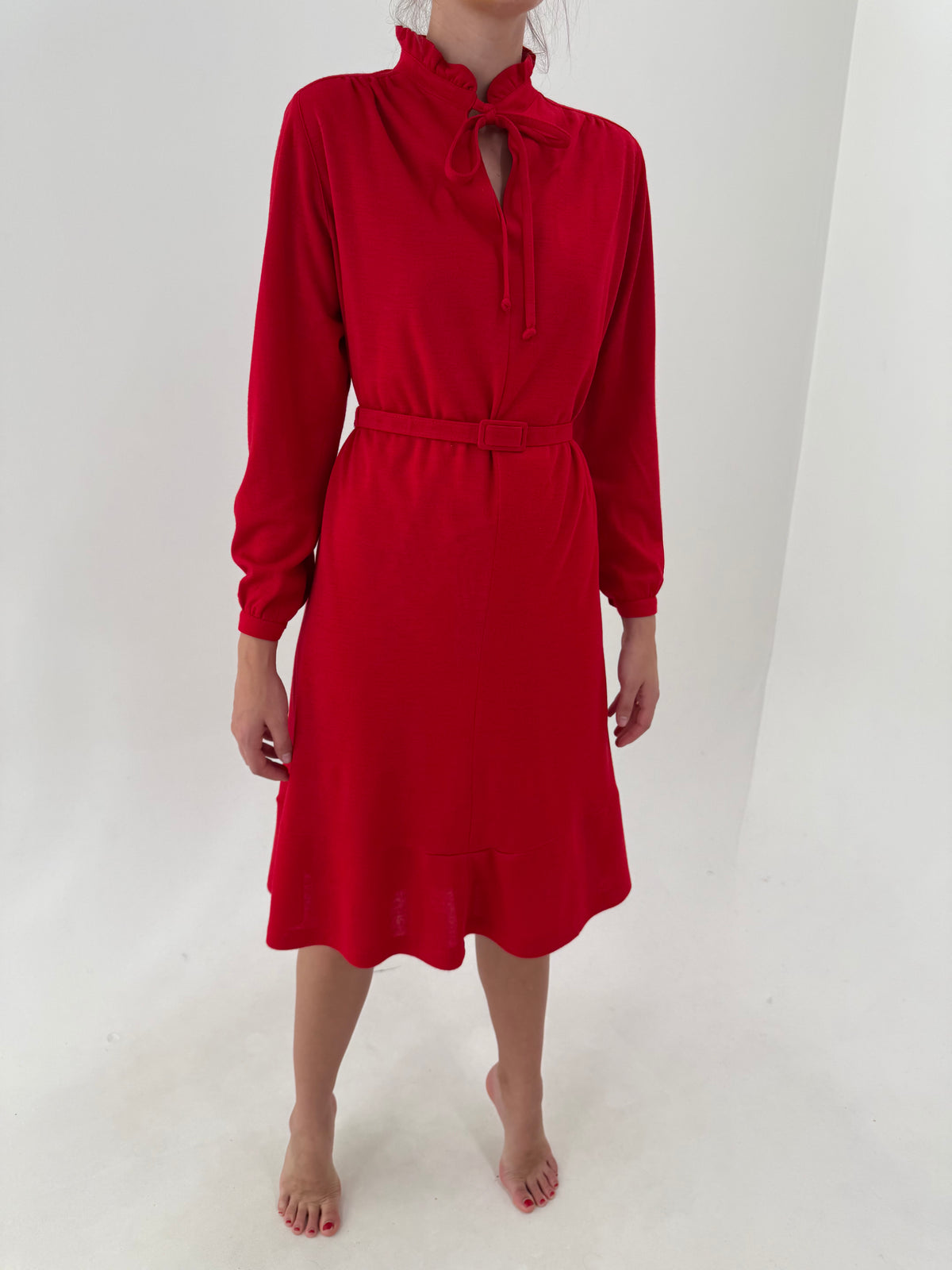Rochie vintage cherry red cu talie marcată reglabilă din lana extrafina