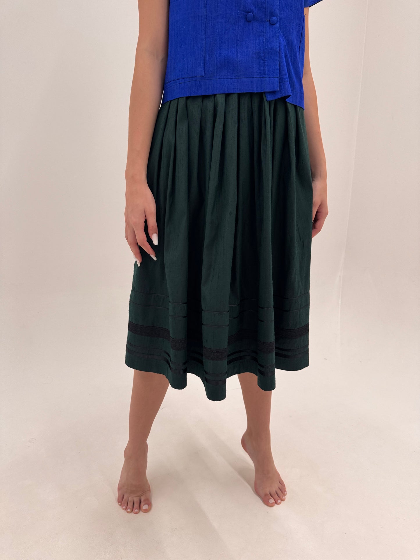 Fustă dark green vintage midi lung din mătase naturală dupioni de la zi la seară