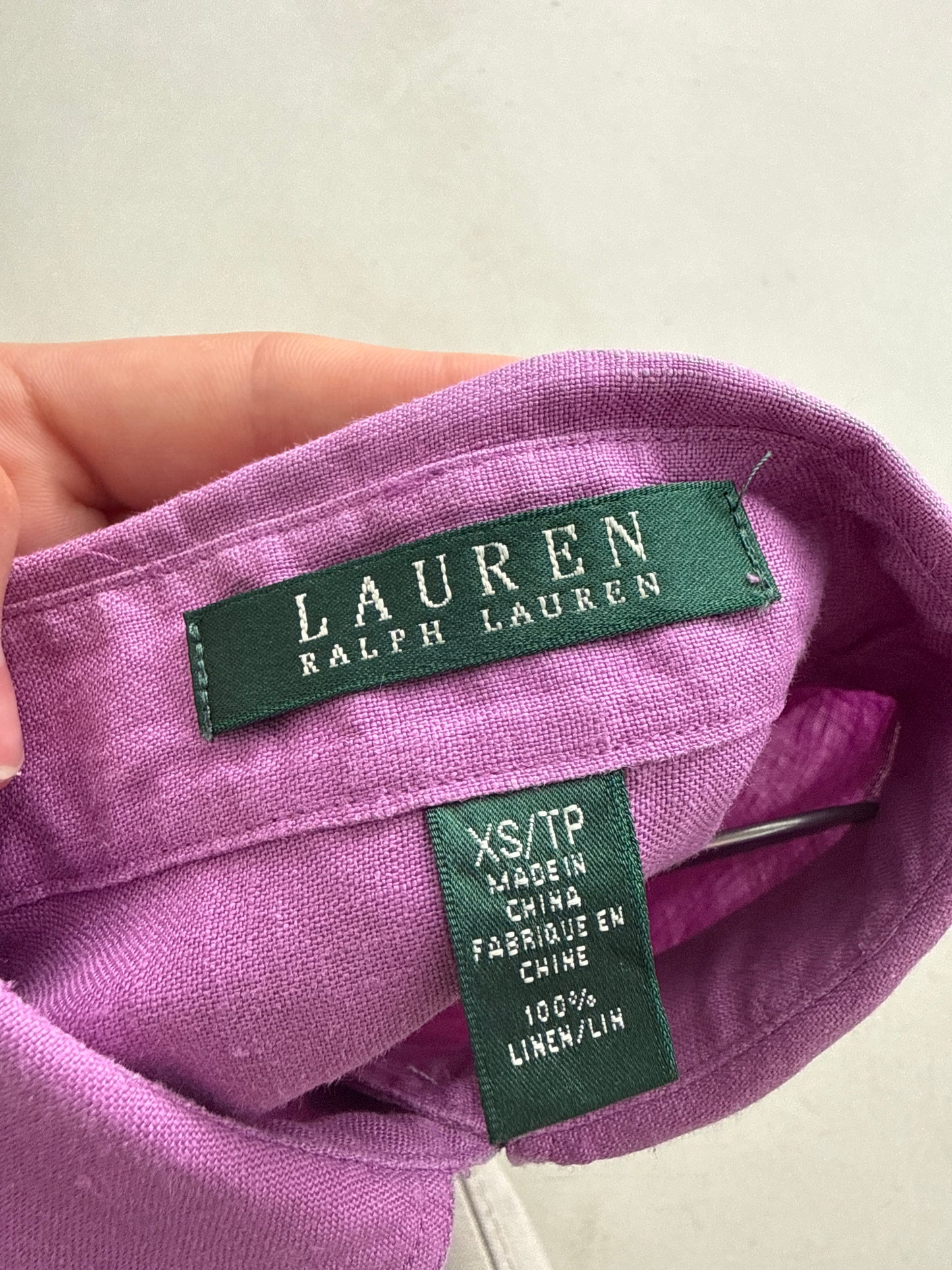 Cămașa Ralph Lauren lavandă din in în croi oversized cu mânecă reglabilă