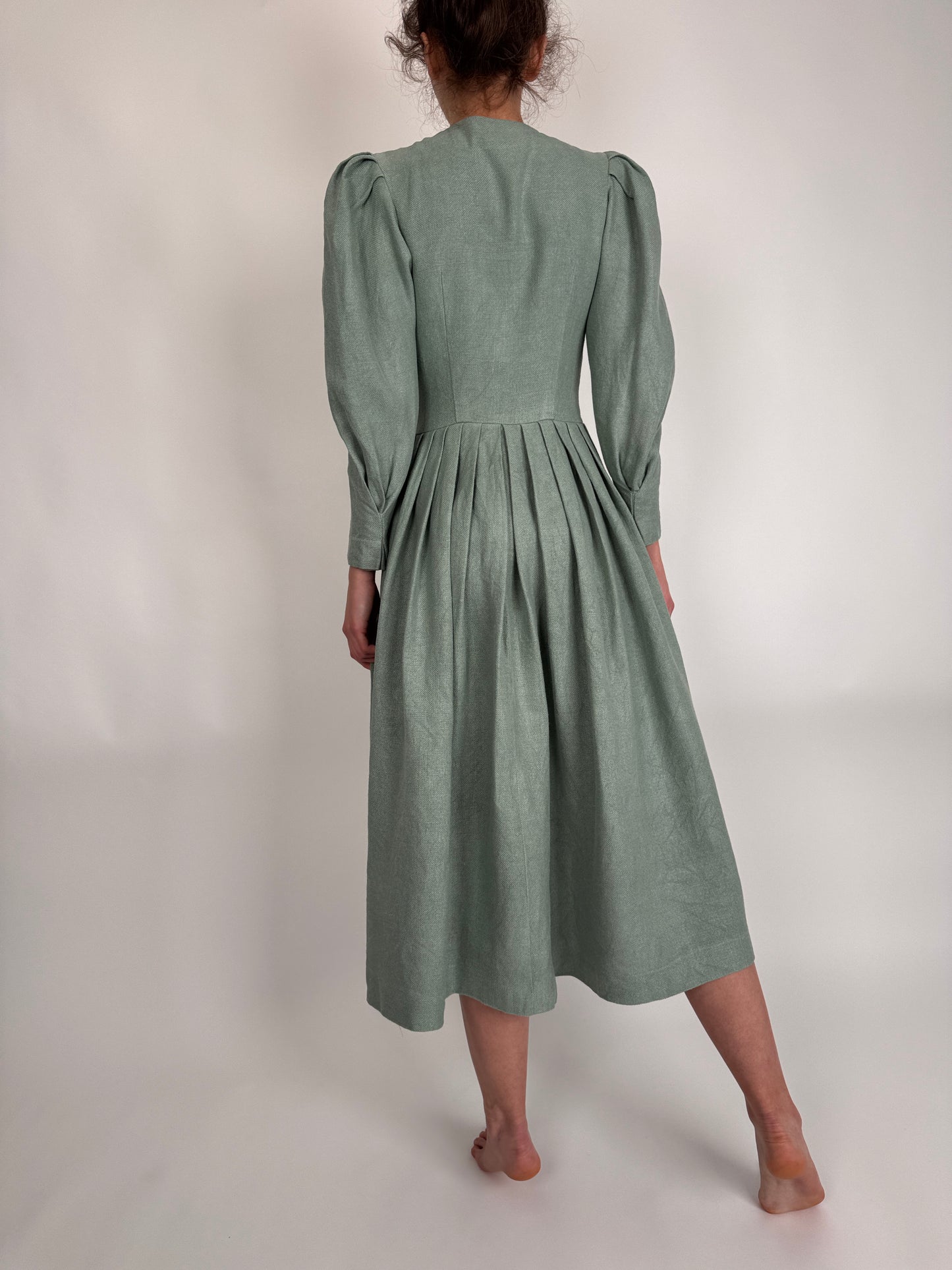 Rochie vintage superbă tea green din pânză de in