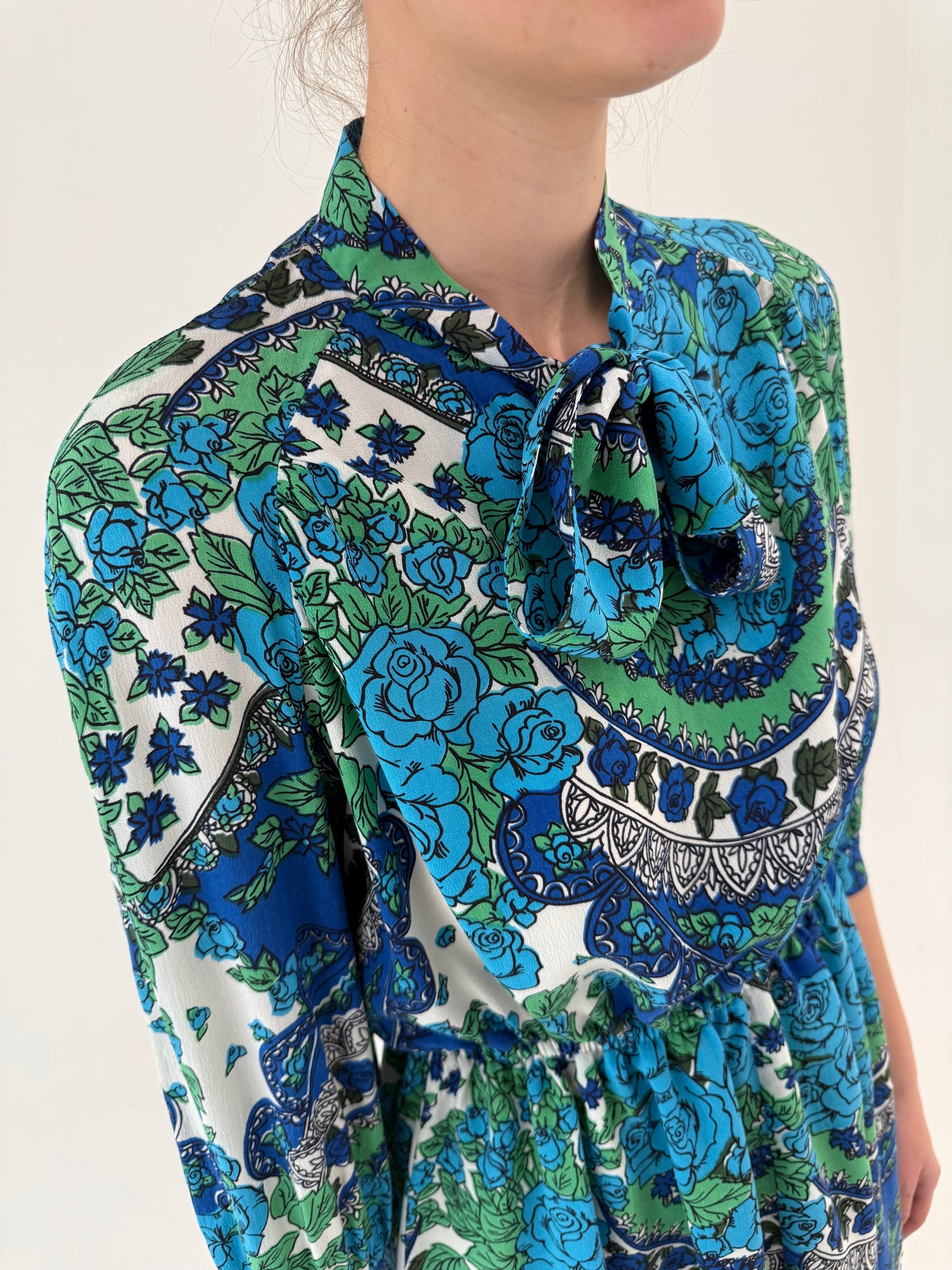 Rochie vintage din mătase naturală cu print superb și talie ultra înaltă elastică