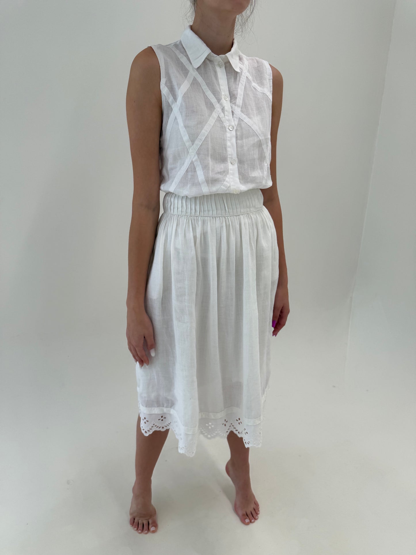 Fustă vintage din in premium cu talie ultra înaltă și broderie anglaise