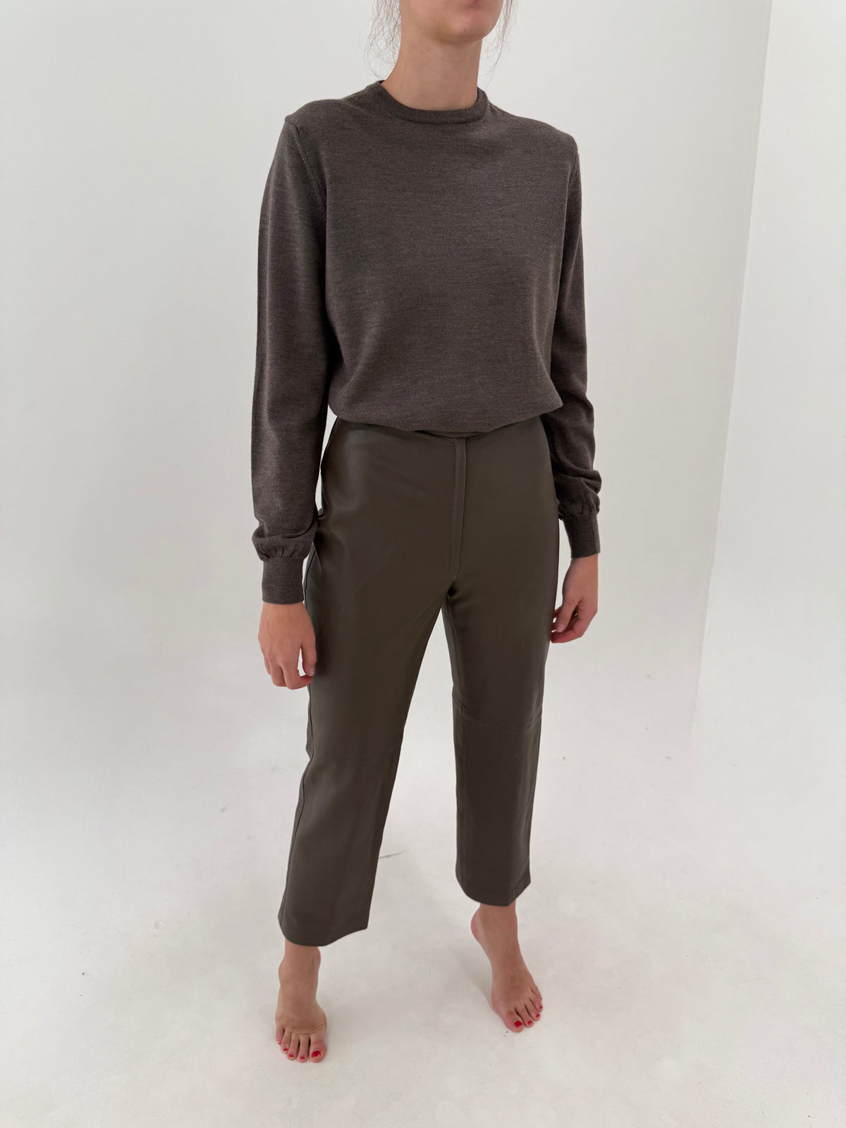 Pantaloni light taupe din piele naturală extrem de moale cu talie ultra înaltă