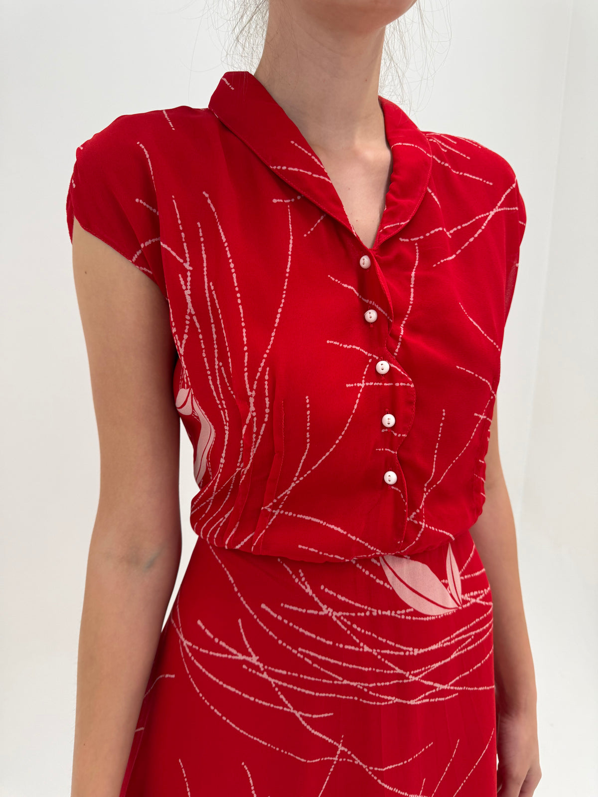 Rochie vintage italian cherry red din vascoza cu talie ultra înaltă elastică