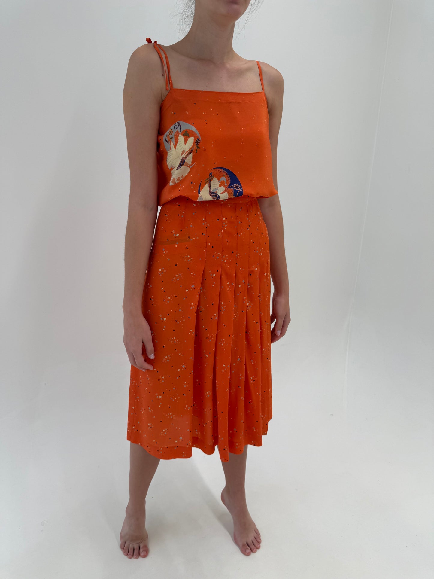 Set vintage din mătase naturală pumpkin orange cu print delicat și buline
