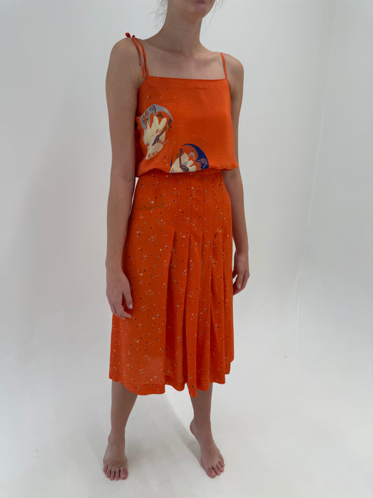 Set vintage din mătase naturală pumpkin orange cu print delicat și buline