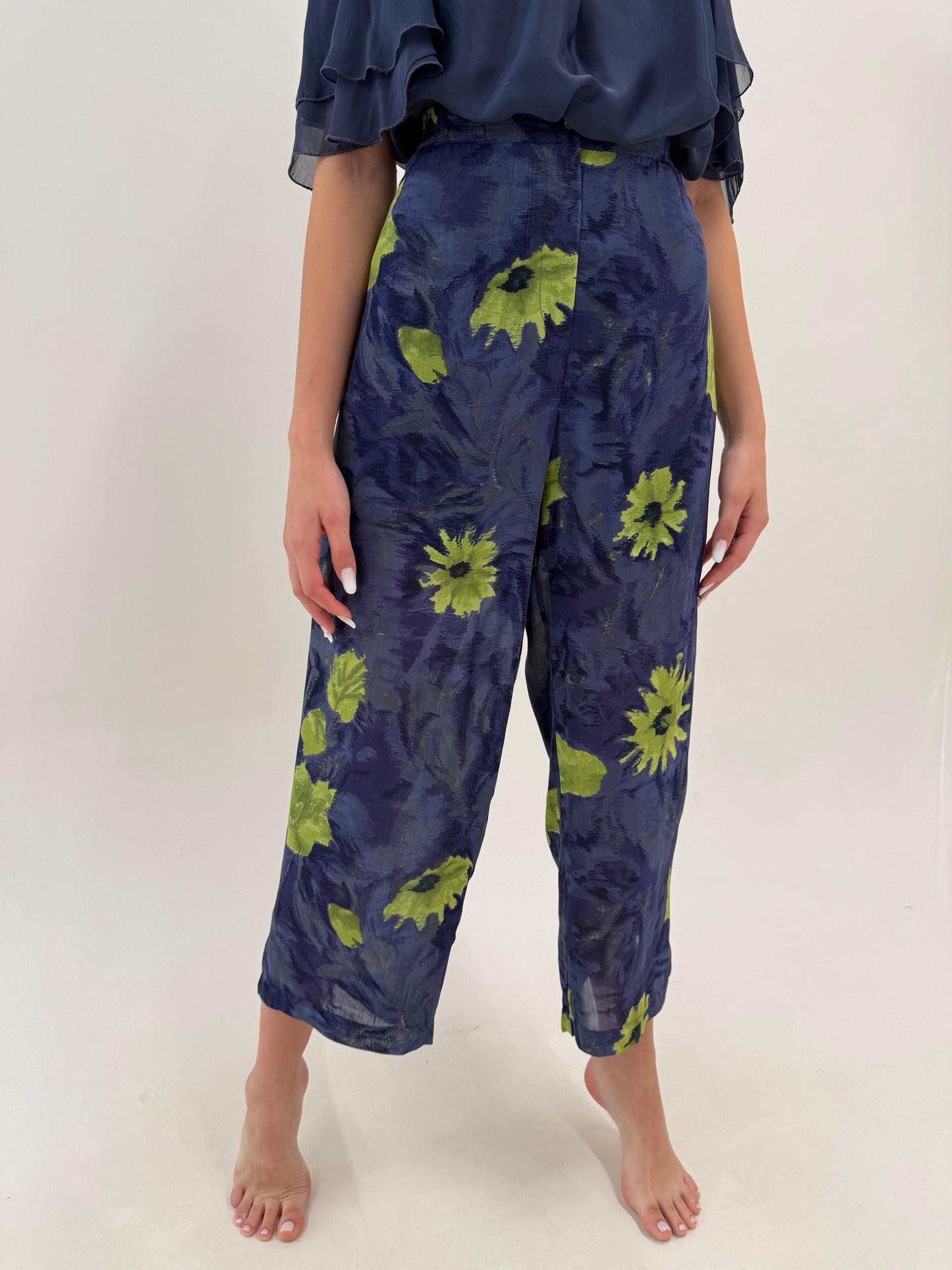 Pantaloni palazzo super vaporoși jeans blue cu talie ultra înaltă