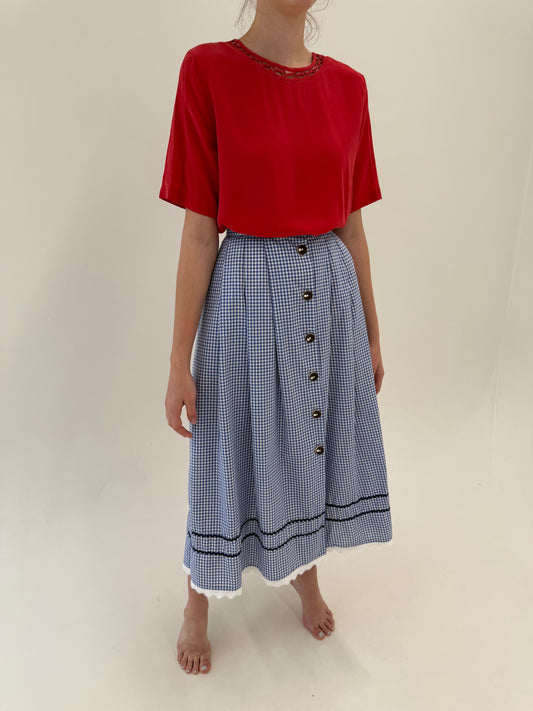 Fustă vintage maxi gingham din pânzica  de bumbac cu dantelă