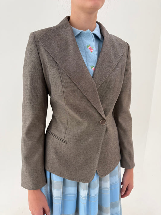 Sacou Max Mara taupe din lana extafina și mătase naturală în croi minimalist cu revere late