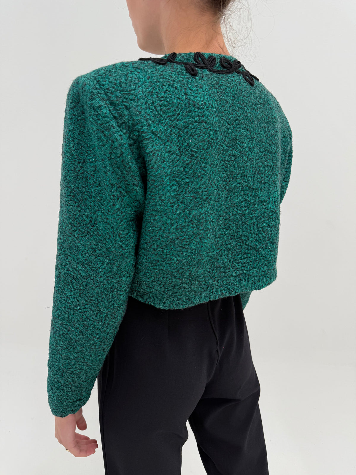 Sacou vintage excepțional din lana extrafina petite dark green cu aplicații manuale