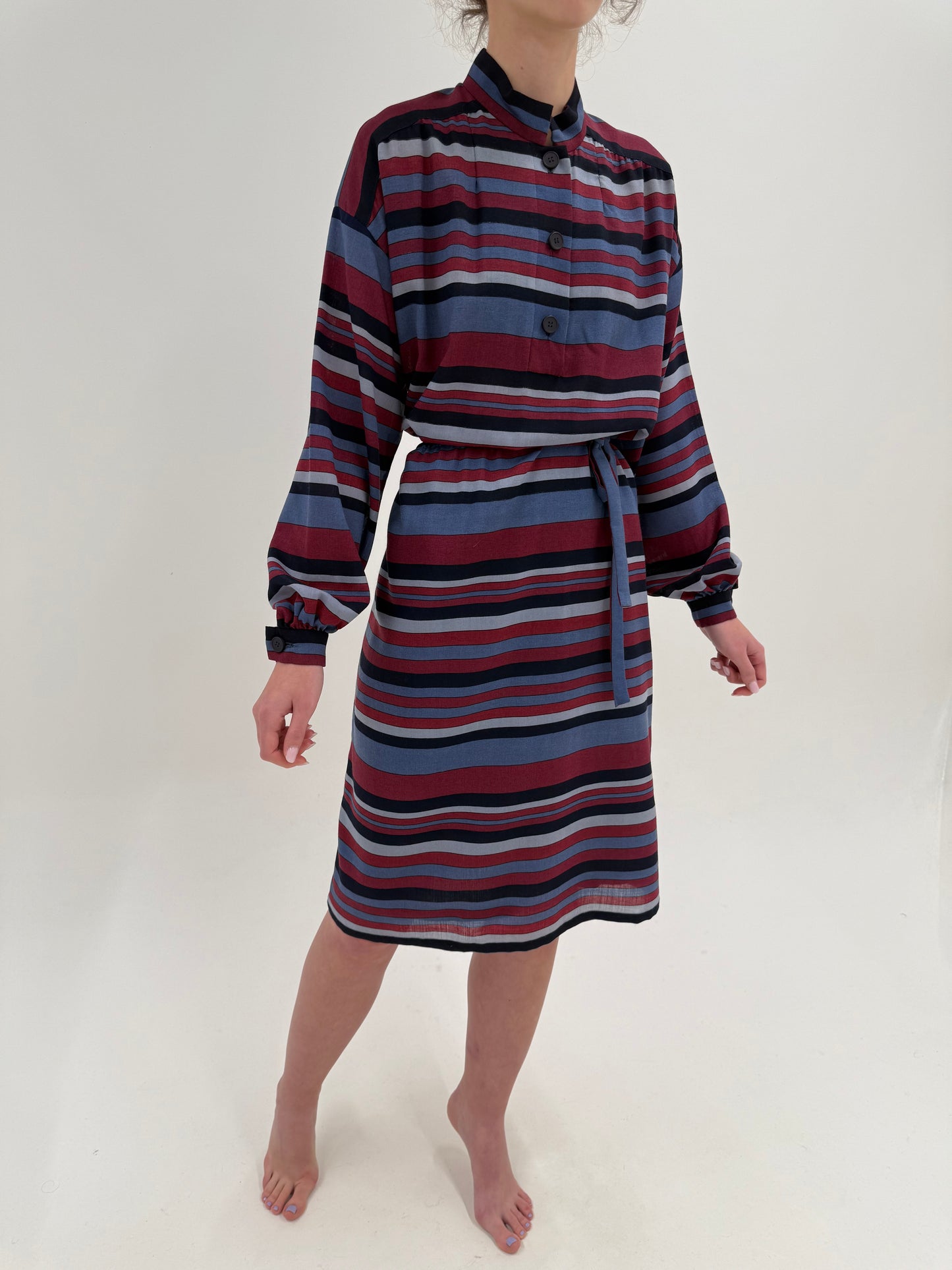 Rochie vintage din lana extrafina în dungi cu talie marcată reglabilă