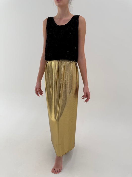 Fustă maxi din lame auriu metalizat statement cu talie ultra înaltă elastică