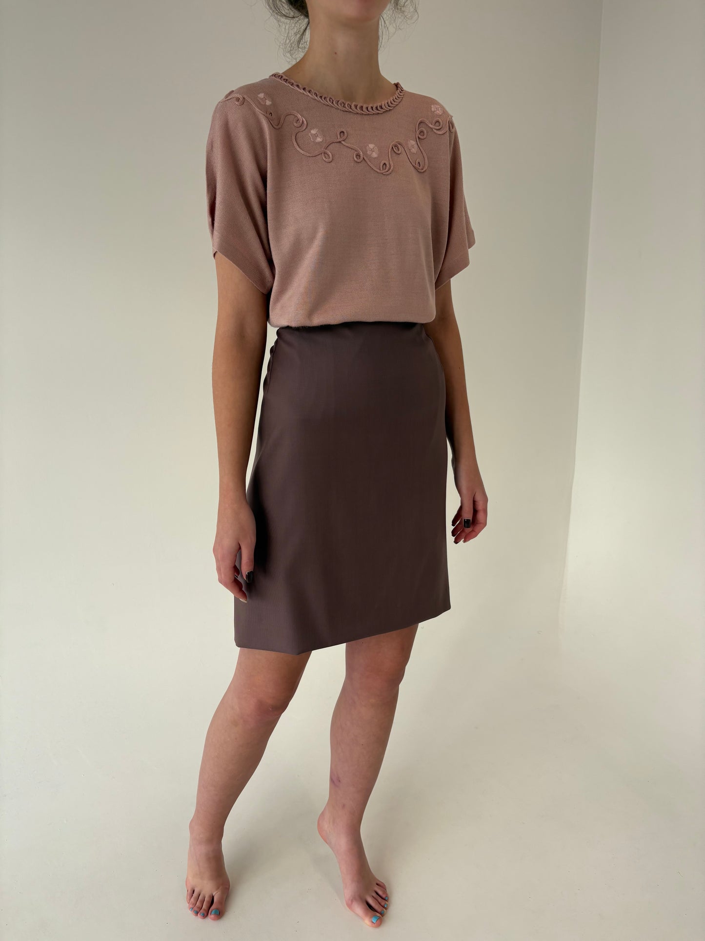 Fustă dusty Pink cu talie ultra înaltă din lana extrafina