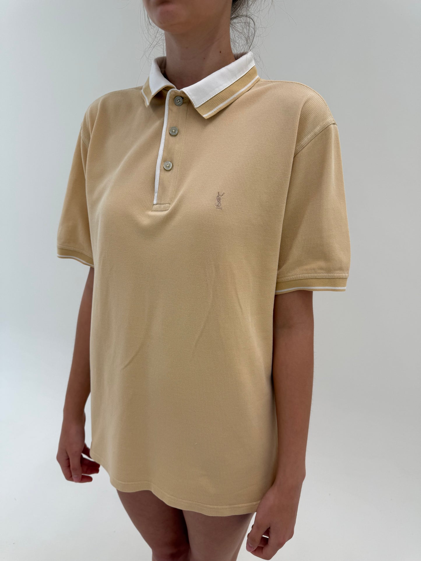 Top polo camel Yves Saint Laurent din bumbac texturat