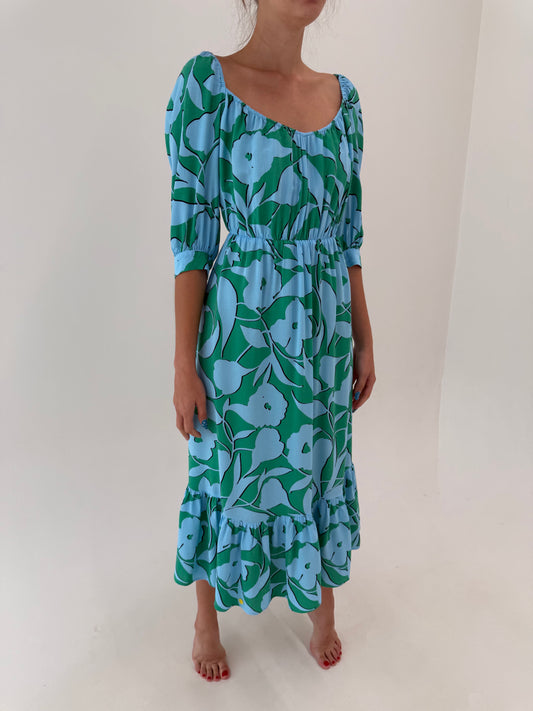 Rochie maxi aqua blue cu verde smarald și decolteu elastic vaporoasă