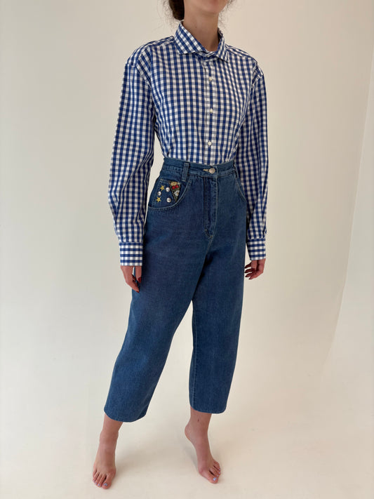 Jeanși vintage mom fit cu talie ultra înaltă classic wash și broderie