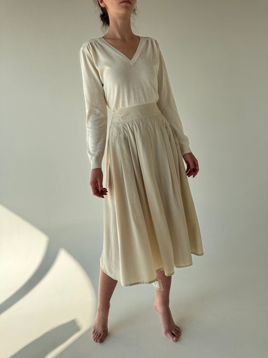Fustă vintage extrem de amplă light nude din bumbac cu talie ultra marcată