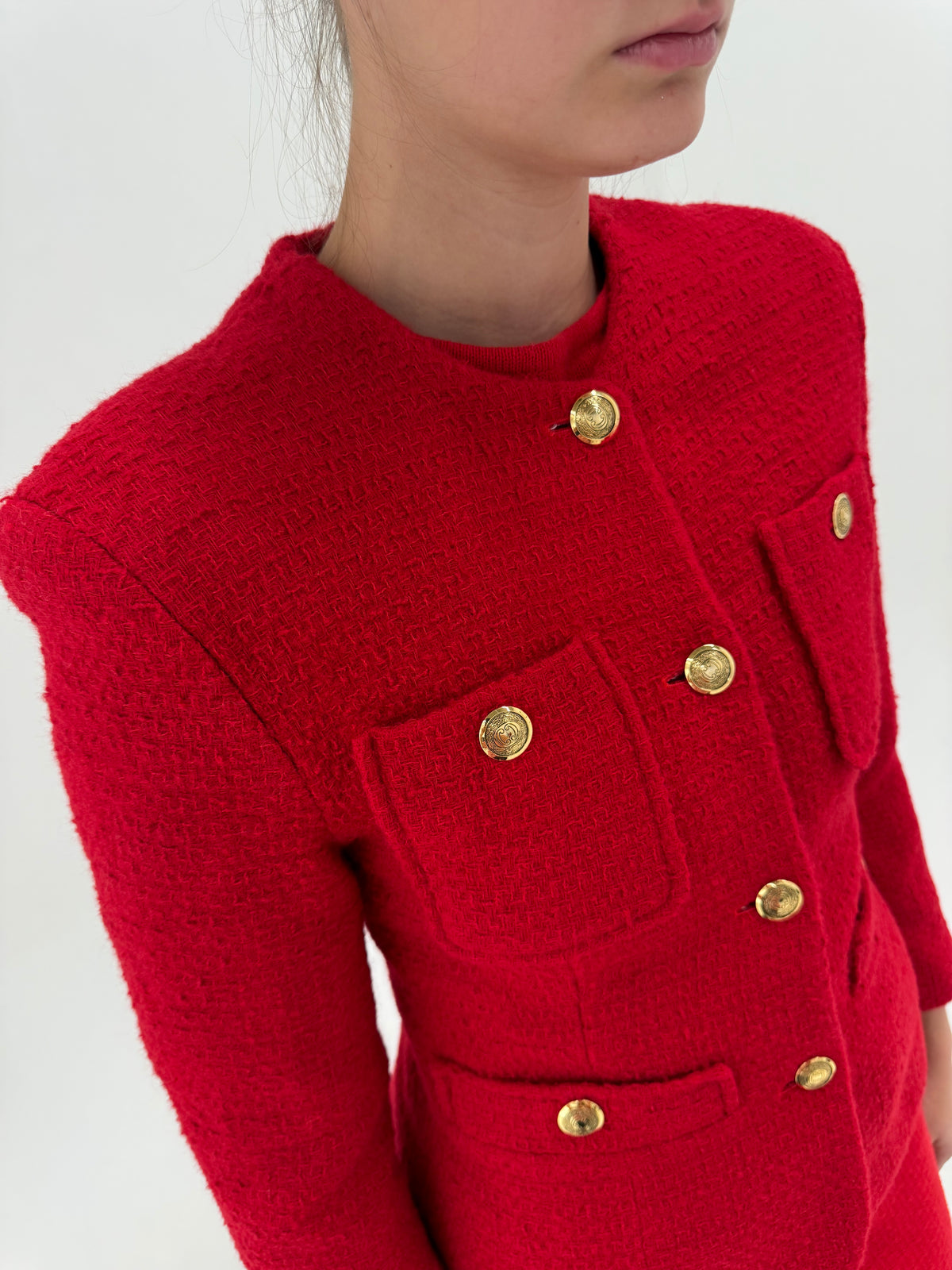 Sacou vintage în stil Chanel cherry red petite din tweed excepțional de lana