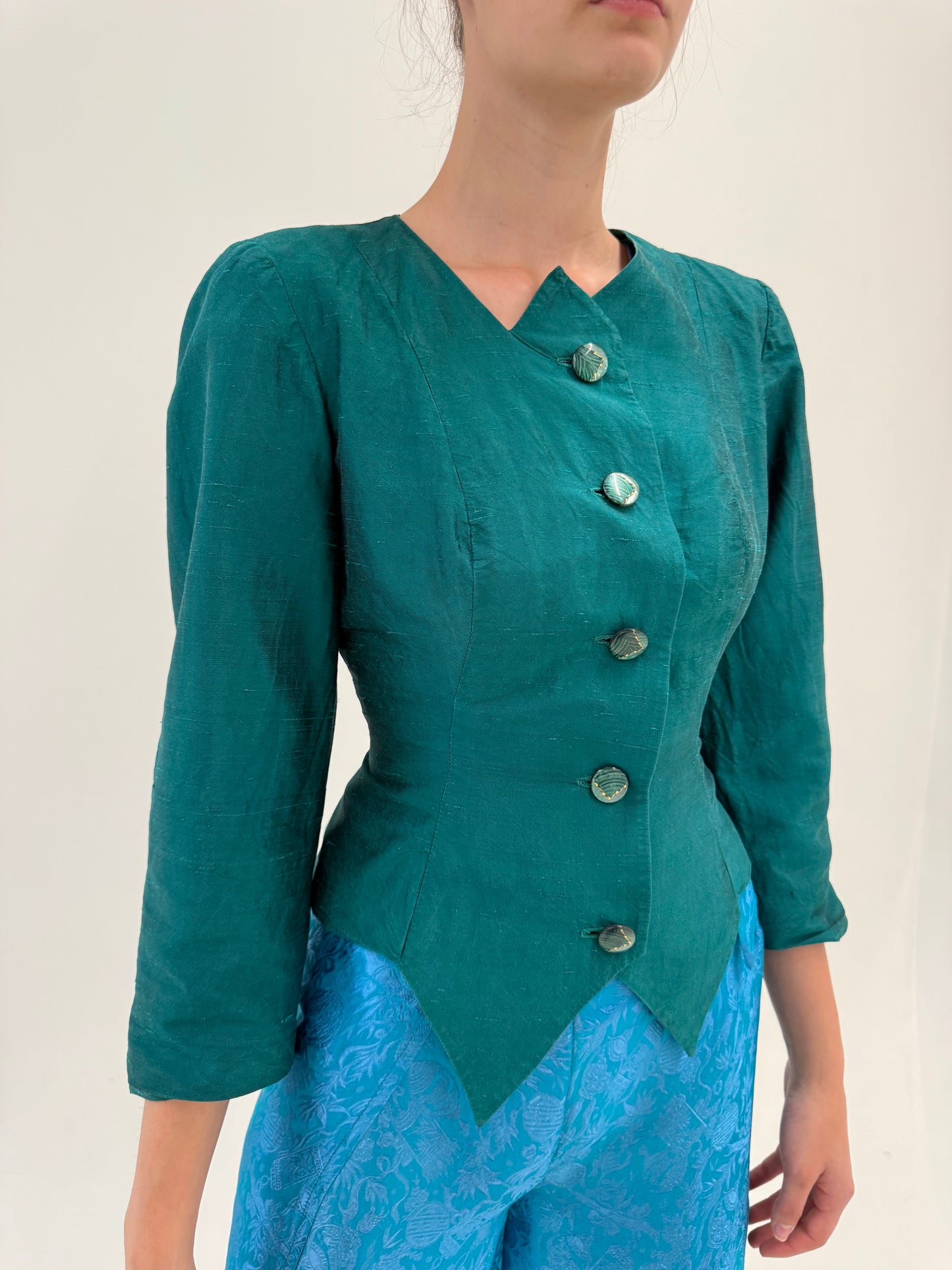 Sacou vintage ultra cambrat din mătase naturală dupioni dark emerald green