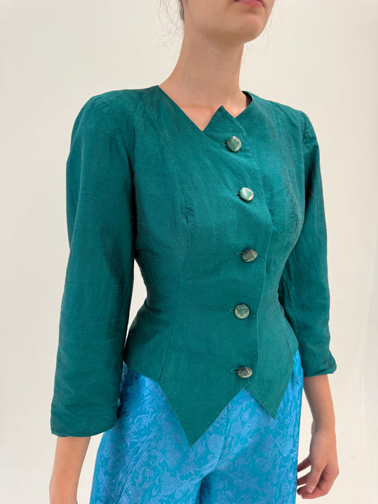 Sacou vintage ultra cambrat din mătase naturală dupioni dark emerald green