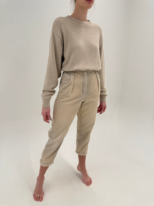 Pantaloni vintage petite de brand luxury Les Copains din corduroy nude cu talie ultra înaltă