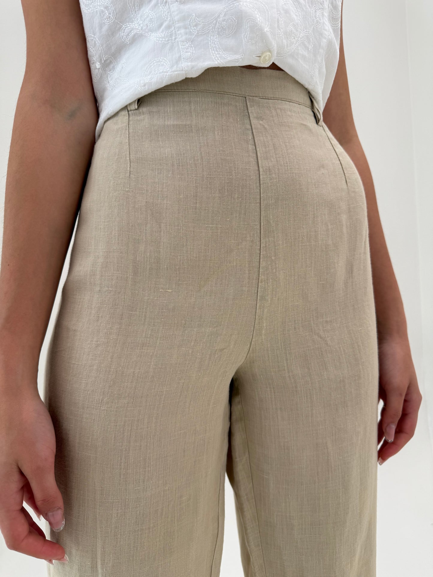 Pantaloni camel din in premium cu talie ultra înaltă