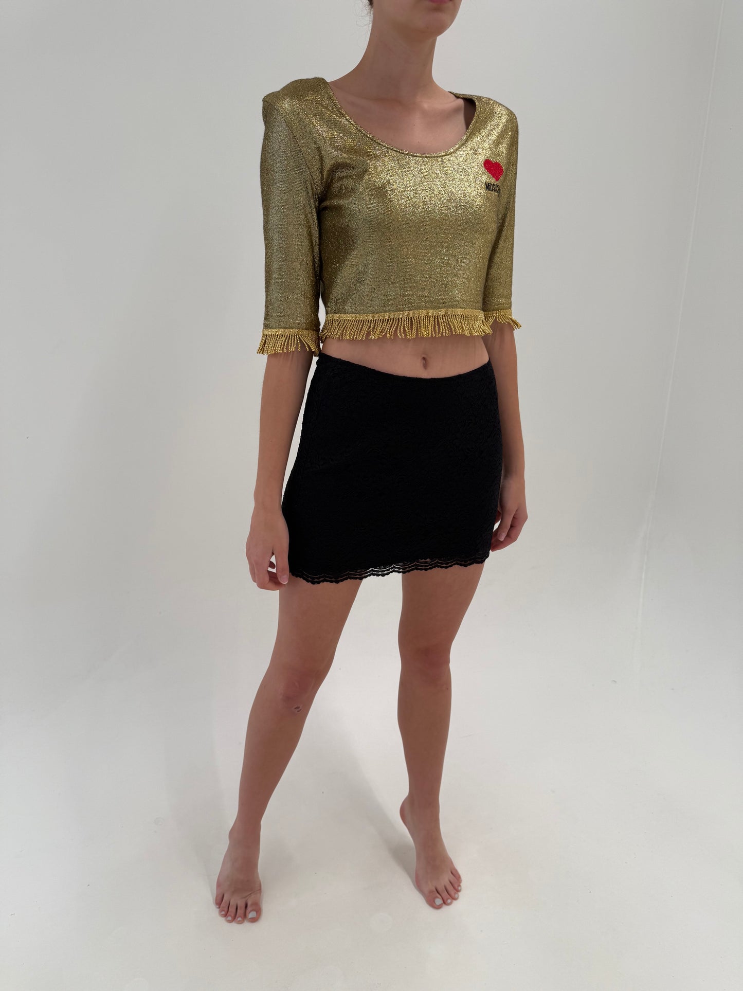 Fustă vintage Moschino din dantela neagră chantily mini în croi super în trend